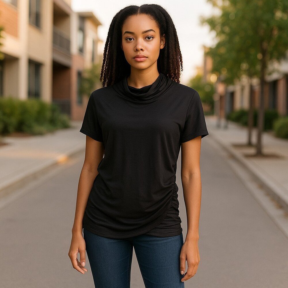 Vince Camuto Claire Short Sleeve High Neckline Ruching Sides Black Top
